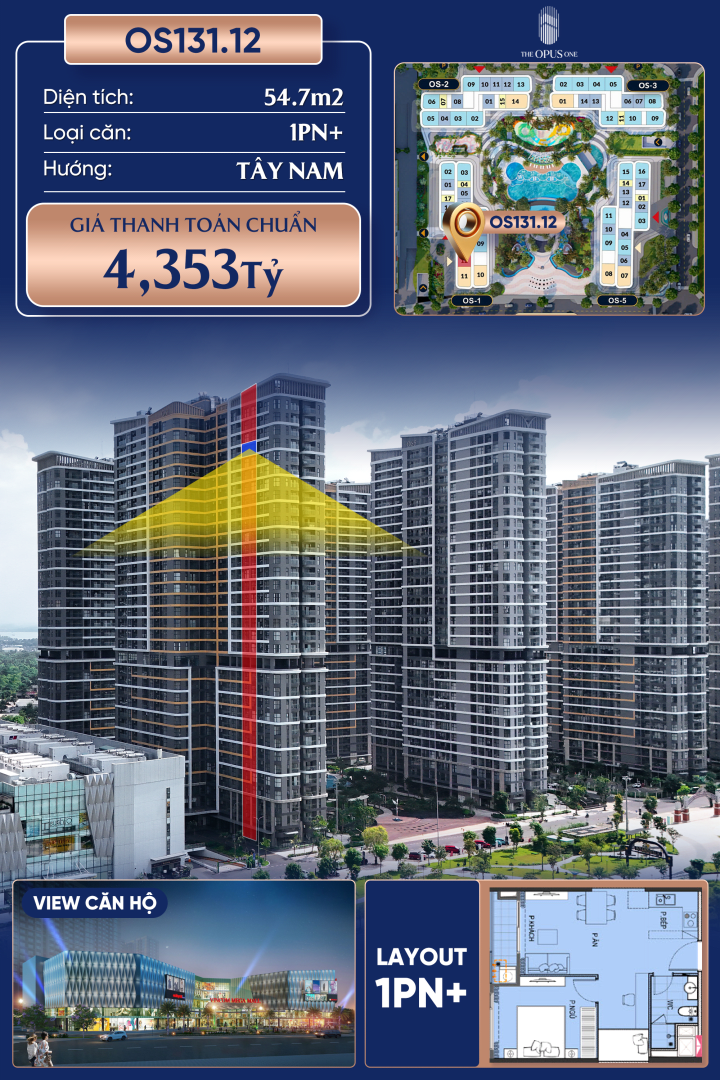 Bán 4.4 tỷ 54.7m² Căn hộ THE OPUS ONE - VINHOMES GRAND PARK, Phường Long Bình, Quận 9, Hồ Chí Minh, Long Bình, Thành phố Hồ Chí Minh