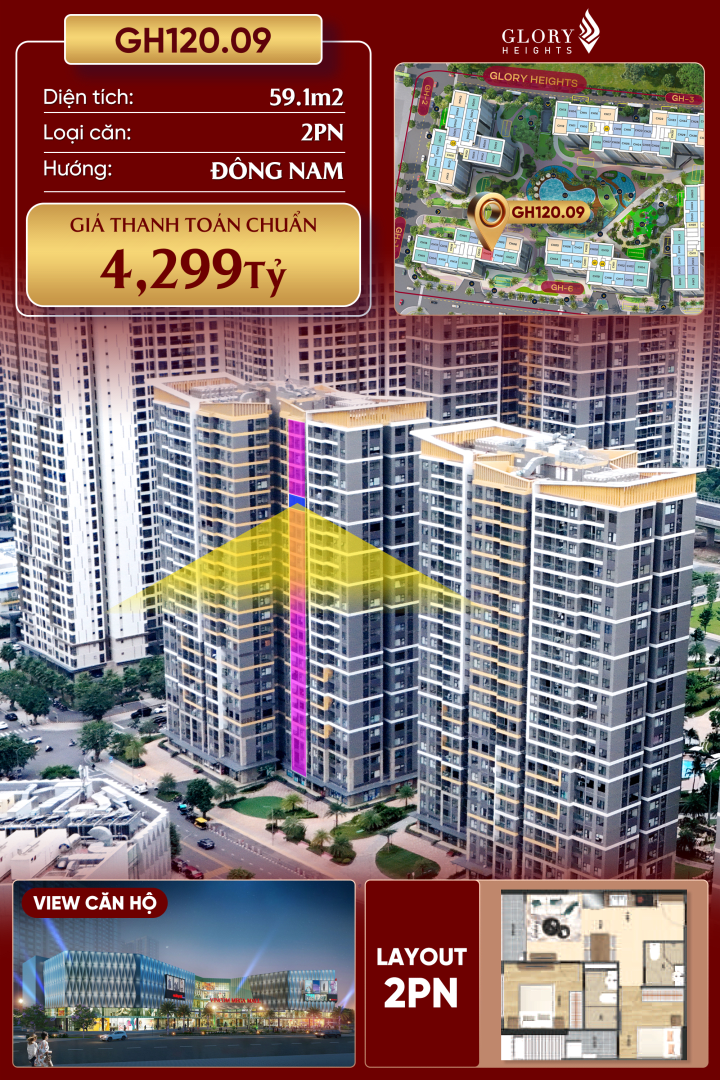 Bán 4.3 tỷ 59.1m² Căn hộ Glory Heights - Vinhomes Grand Park, Long Bình, Thành phố Hồ Chí Minh